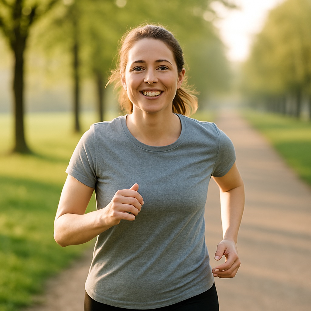 donna normale sorridente che inizia a correre in un parco, luce naturale mattina Descrizione testo: