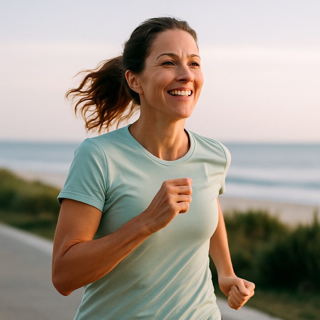 donna che corre con sicurezza, luce chiara, parco o lungomare