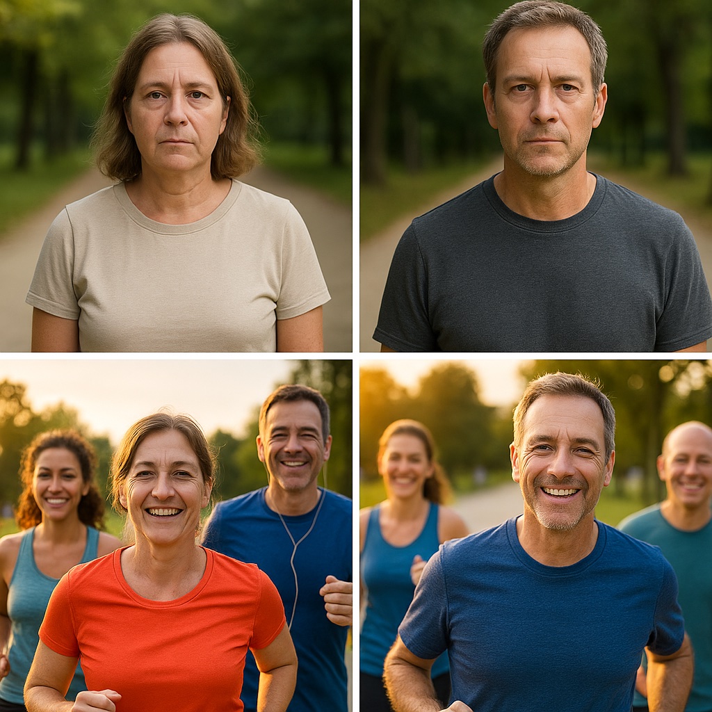 collage di foto delle alieve prima/dopo, oppure gruppo di donne sorridenti mentre corrono