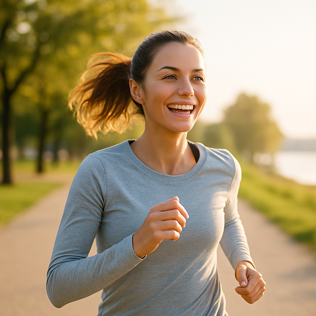 Donna normale che corre al parco sorridente, luce del sole morbida, sensazione di libertà e leggerezza